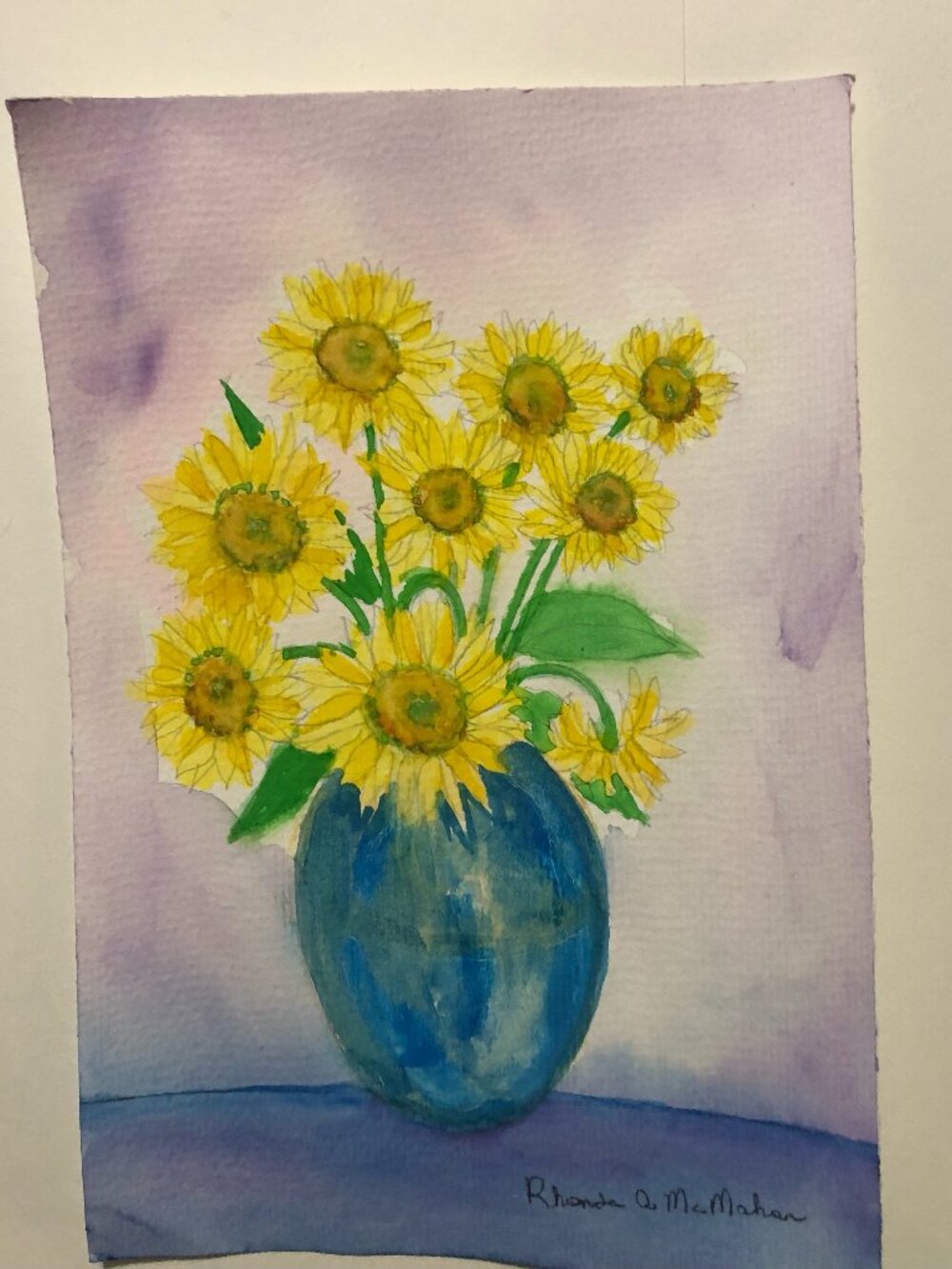 Watercolor Painting of Sunflowers in Blue Vase - Picture 2 of 5